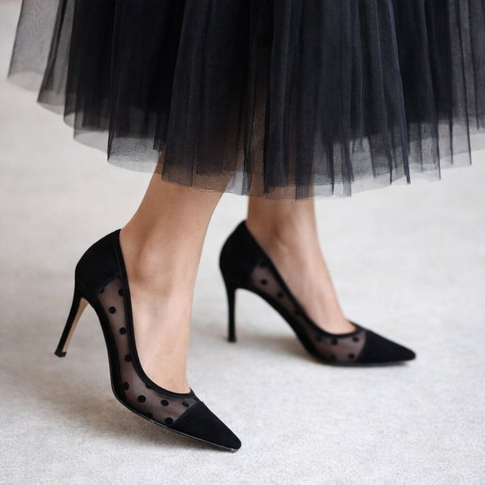 Retro Black Formal Dotted Heels w/Original Box - Size 8